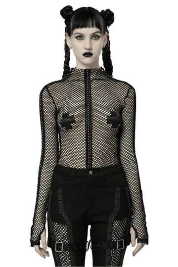 Sexy Rhombus Mesh High-Neck Top for Gothic Edge